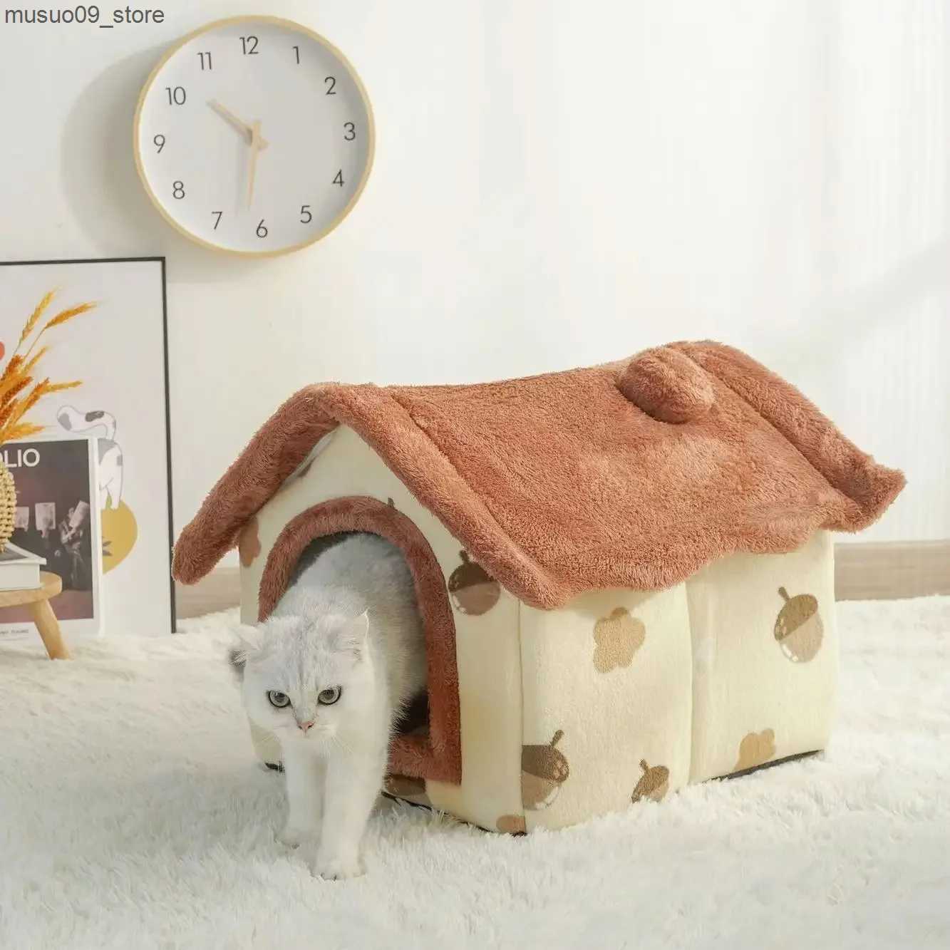 kennels pens Cat Supplies Soft Cat Bed House Deep Sleep Winter House Dog Cover Pet Tent Removable Mat L240910