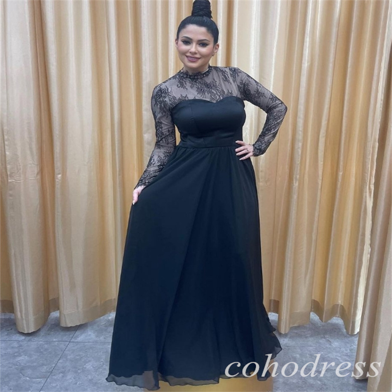 Simple Black Muslim Evening Dress Elegant Dubai Abaya Prom Dresses Long Sleeve Saudi Arabic Lace Floor Length Chiffon Robe De Soiree Vestios De Fiesta