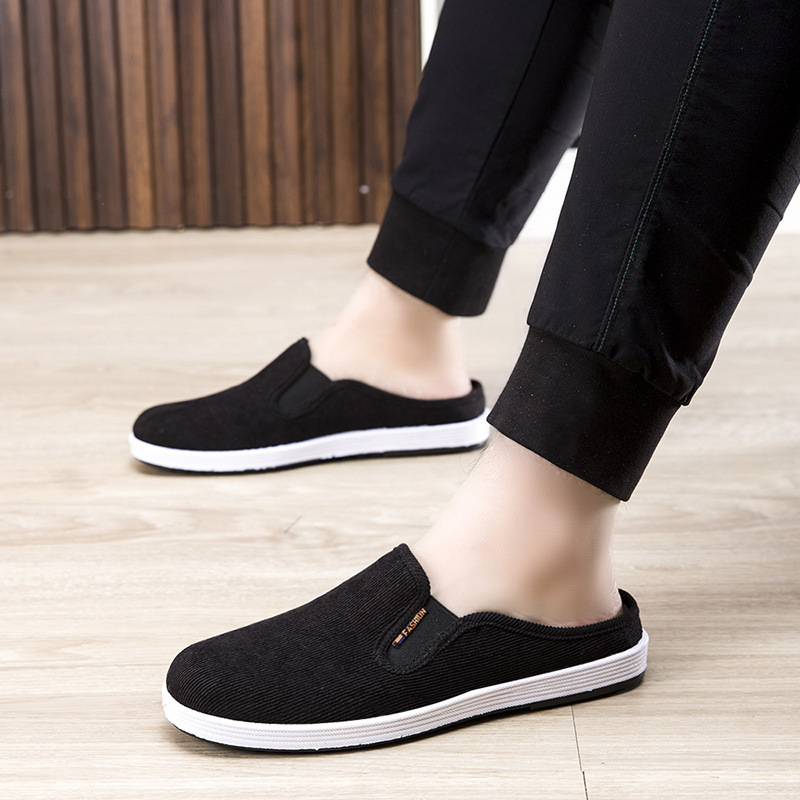 Summer cloth slippers, casual, breathable, versatile board shoes, one foot pedal, no heel, half drag, anti slip men's shoes