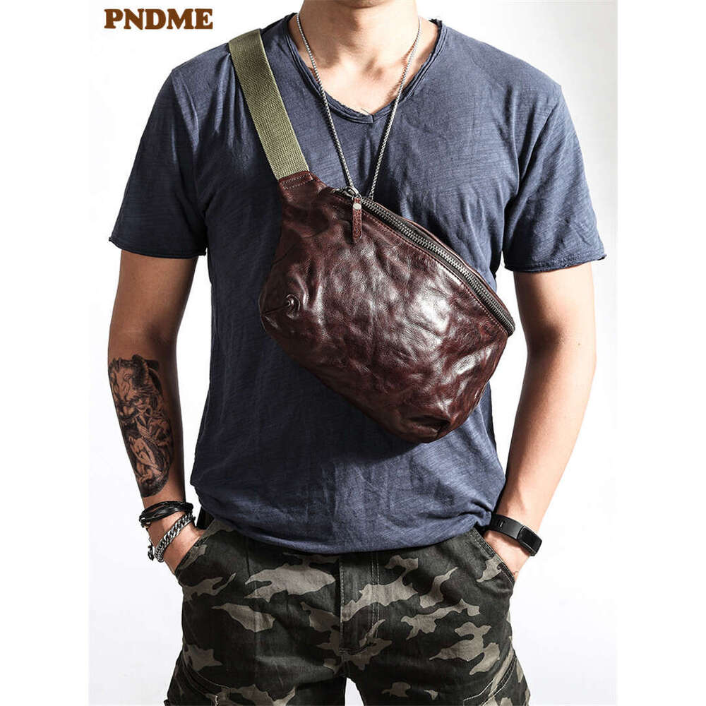 Fashion Vintage Genuine Leather Men Chest Casual Natural First Layer Cowhide Multifunctional Waist Pack Crossbody Bag