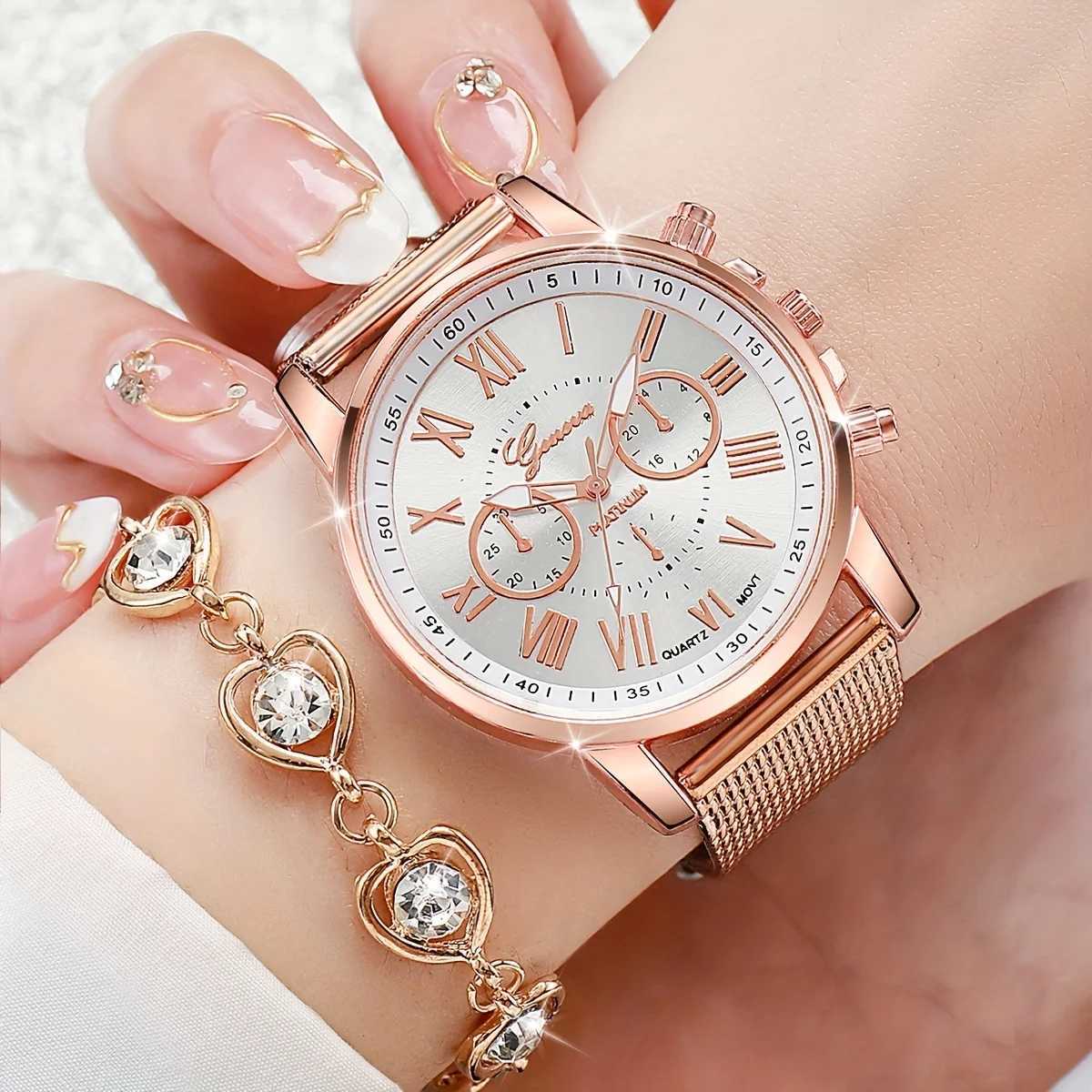 Fashionable quartz watch and rhinestone 6-piece jewelry set - perfect casual or Vntine gift for her X241106