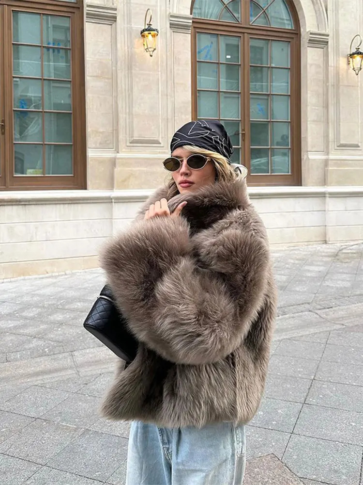 Lapel Brown Women Short Faux Fur Coat ious Fluffy Long Sleeve Warm Jacket Autumn Winter Lady Solid High Street Outwear 241104