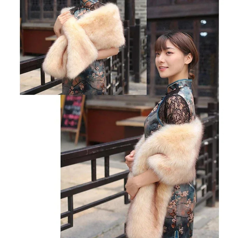 Autumn and Winter Warm Cheongsam Shawl Neck Warm Fur Shawl Stage Performance Plush Wide Shawl Party Accessories 241106