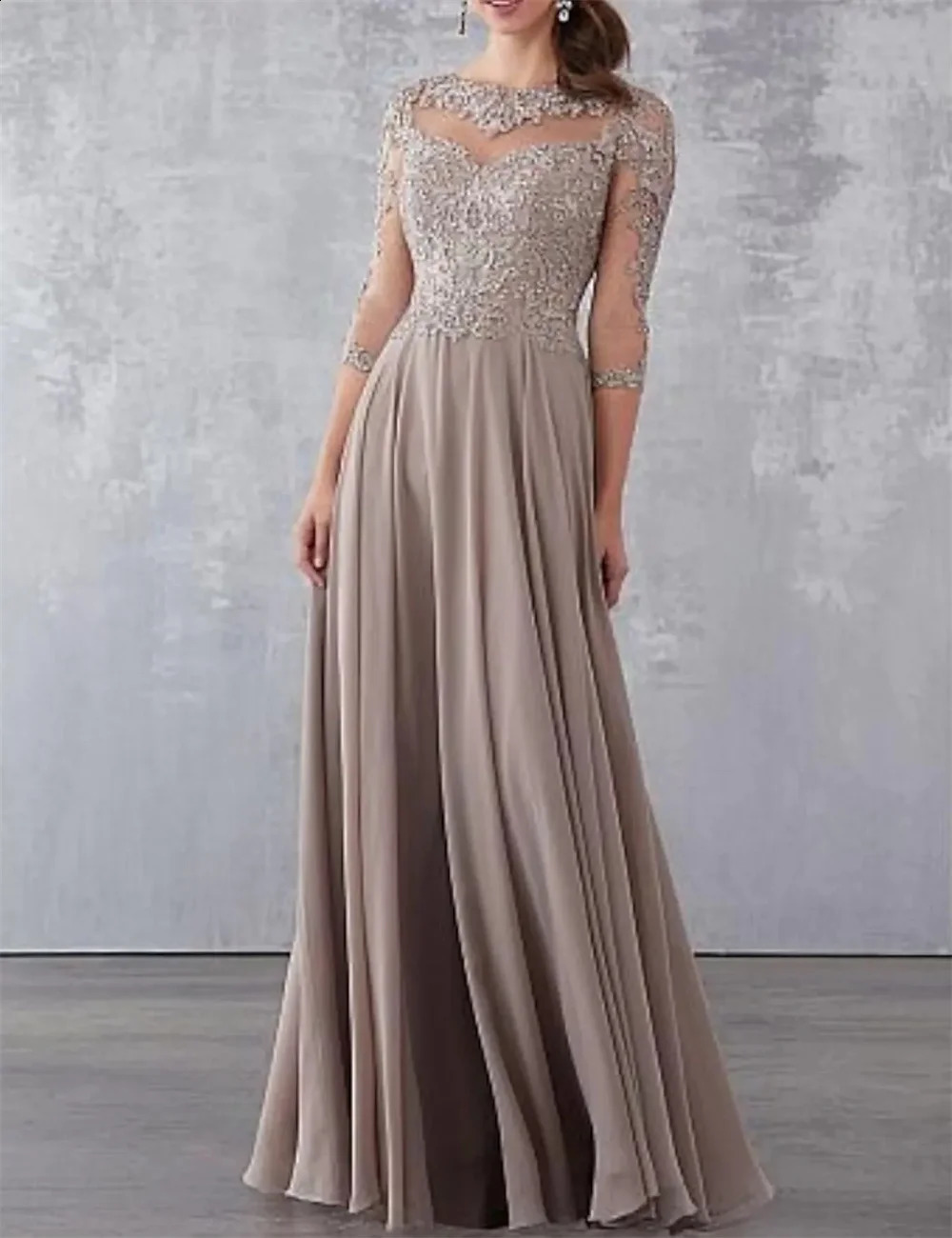 Elegant Mother of The Bride Dresses Wedding Party Dresses See Through Lace 3/4 Length Sleeve Floor Length Chiffon with Draped 241105