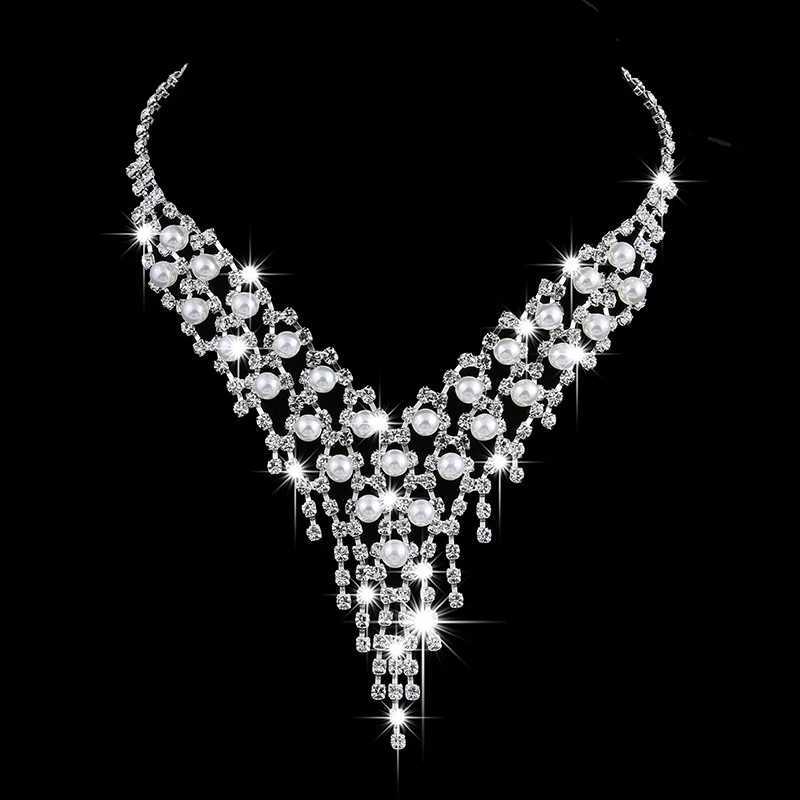Luxury Simulated Pearl Tassel Bridal Necklace Earring Set Crystal Zircon Wedding Bridal Jewelry X241106