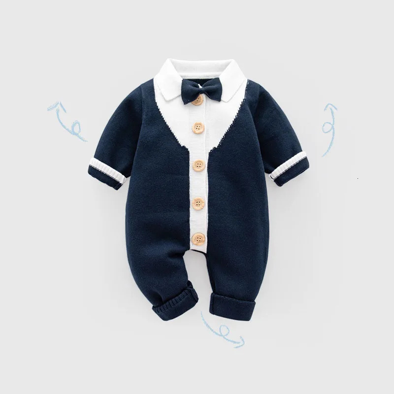 Spring Autumn born Boys Bodysuit false Two Pieces Bowknot Patch Infant Boy Romper British Style 100% Cotton Baby Boys Jumpsuit 241106