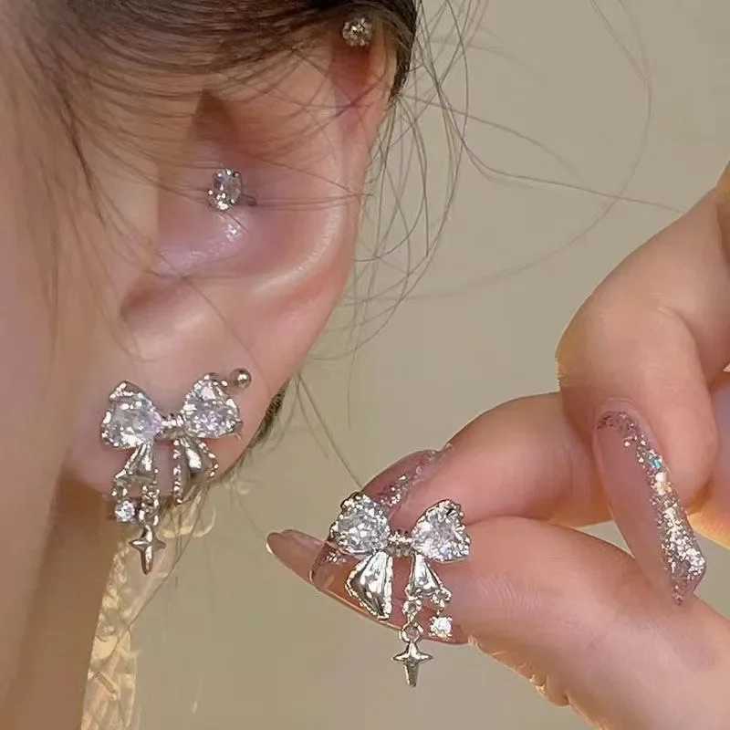 Y2K bow zircon stud earrings used for stylish Korean silver crystal personalized earrings girls party jewelry gifts X2411061