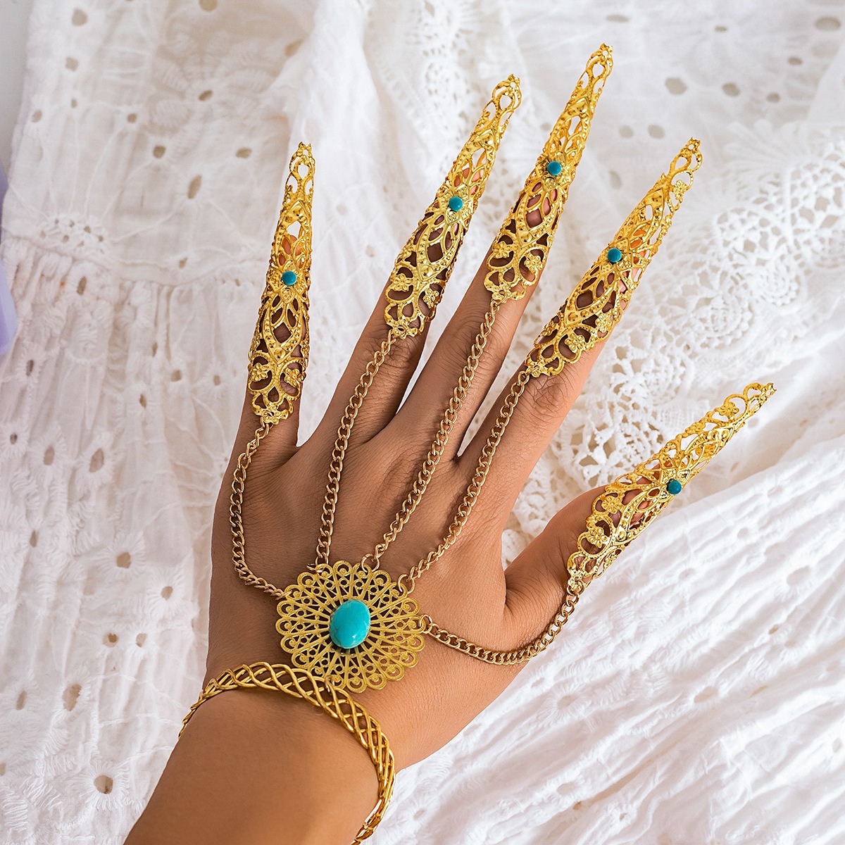 European and American Gothic Style Turquoise Finger Bracelet, Retro Halloween Ghost Punk Tapered Nail Chain Ring with Accessories