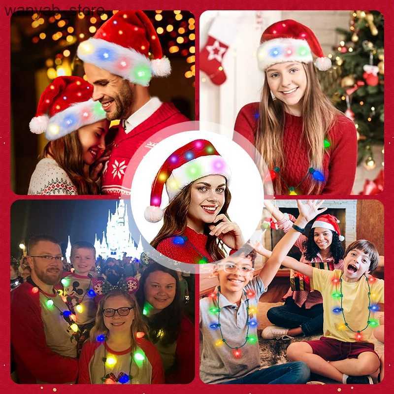 Wide Brim Hats Bucket Hats 2025 Light Up Christmas Hats With Necklace Set Children Adult Hat Christmas Santa Cap Gifts For New Year Christmas Decorati
