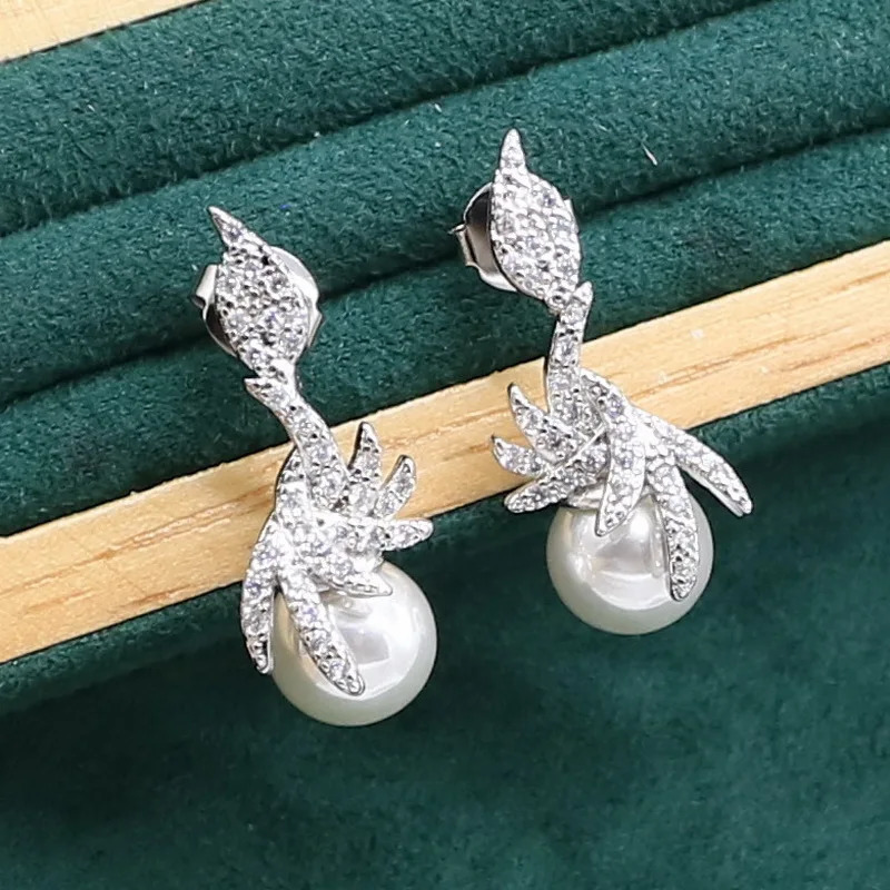 Charming white pearl 925 womens silver jewelry set zircon bracelet earrings necklace rings 241106
