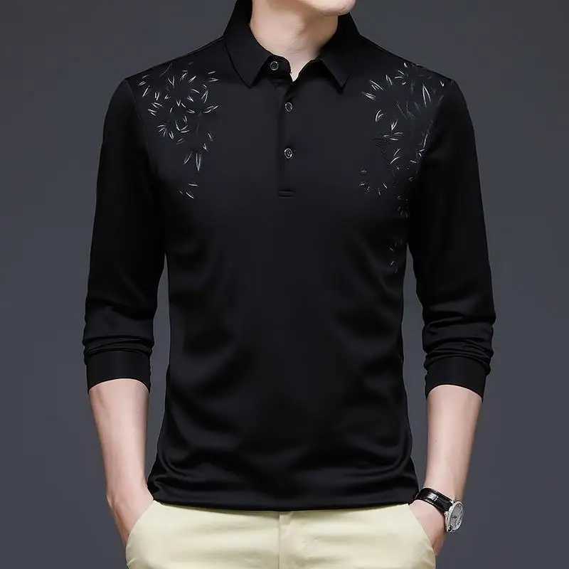 Long Sve Mens Polo T-shirt Spring and Summer Striped Flat V-neck Ts Clothing Button Loose Printed Top W241106