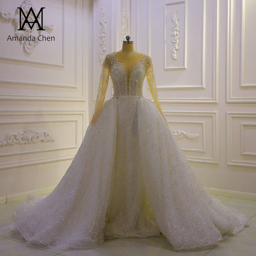 Hot Sale Long Sleeve Glitter Beading Detachable Skirt 2 in 1 Wedding Dress