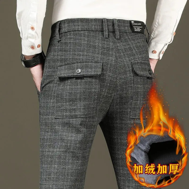 Thick and plush casual pants for men slim fit straight leg Korean style trendy versatile elastic checkered long 241104