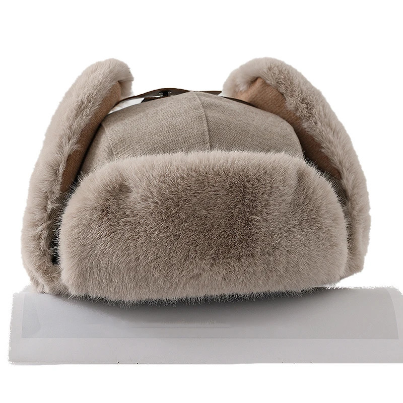 Russian mens earmuffs pilot hat winter Korean spliced artificial rabbit Ushak bomber trap thick warm hat womens ski hat 241106