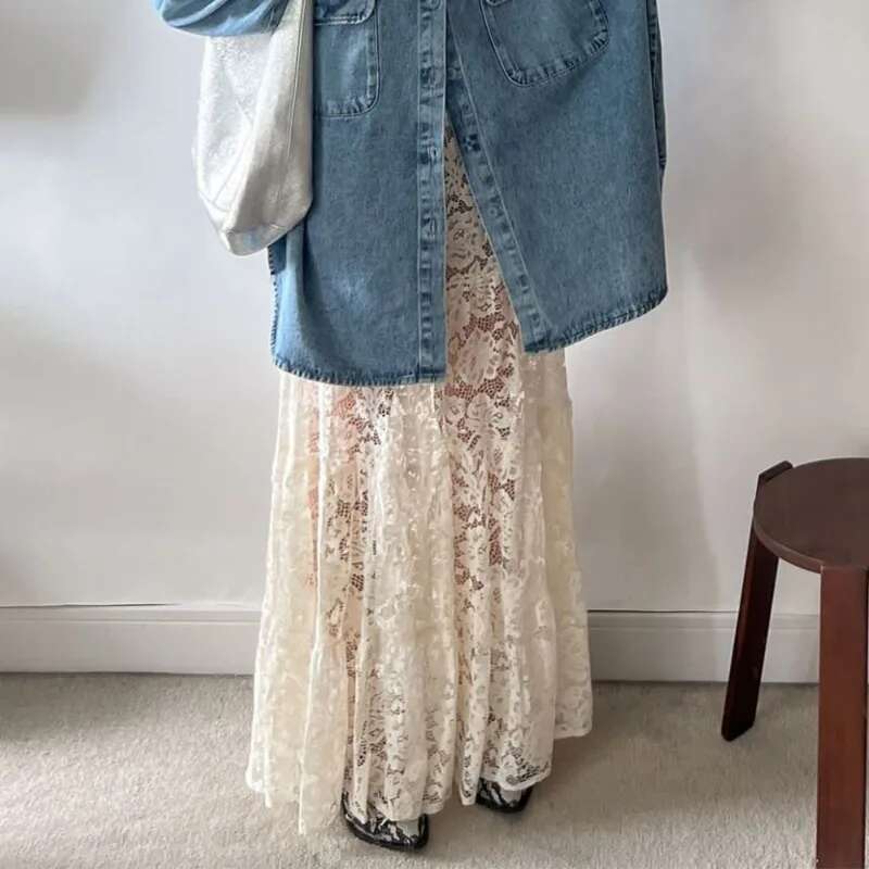 Talenza Women's High Waist Sexy See-Through Versatile Solid Casual Ral Patchwork Retro Lace Long Skirt