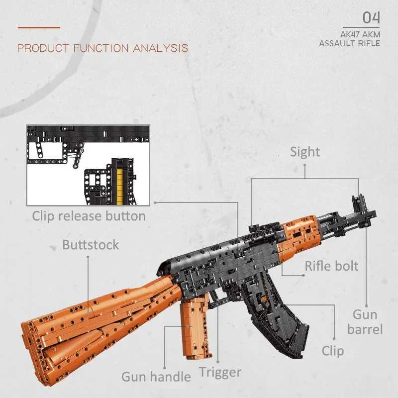 Blocks Military Series 1393pcs AK47 AKM Automatic Rifle Model Building Blocks High-tech MOC Can Shoot Bullet Weapon Bricks Toys GiftsY241106S5R4