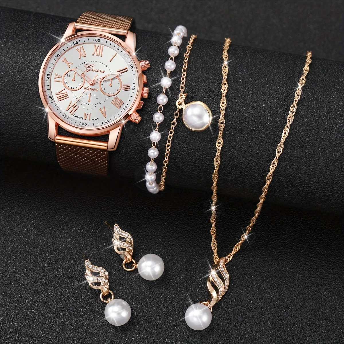 5 pieces/set of elegant Wens fashionable quartz watches with Ran number and simulated pearl jewelry set - fashionable casual wear X241106
