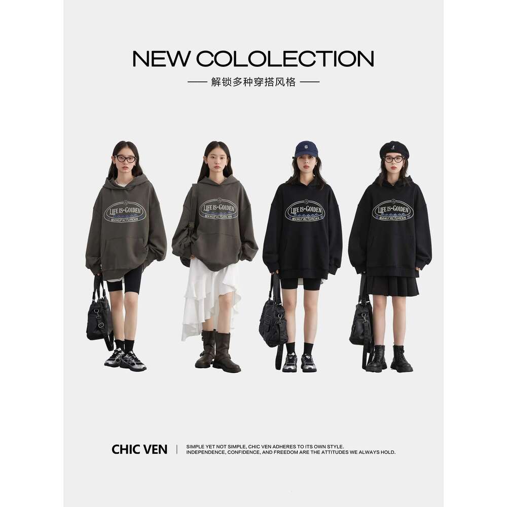 CHIC VEN Women Sweatshirts Streetwear Retro Letter Printed Hooded Sport Coat Hoodies Loose Cotton Female Top Spring Autumn 2024