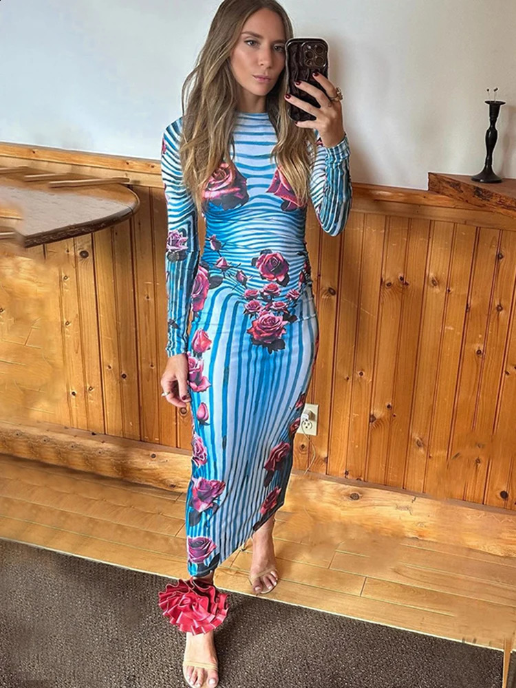 Weird Puss Rose Print Dress Women Autumn Trend Stripe Sexy Vacation Festive Revelry Party Elegant Stylish Y2K Maxi Bodycon