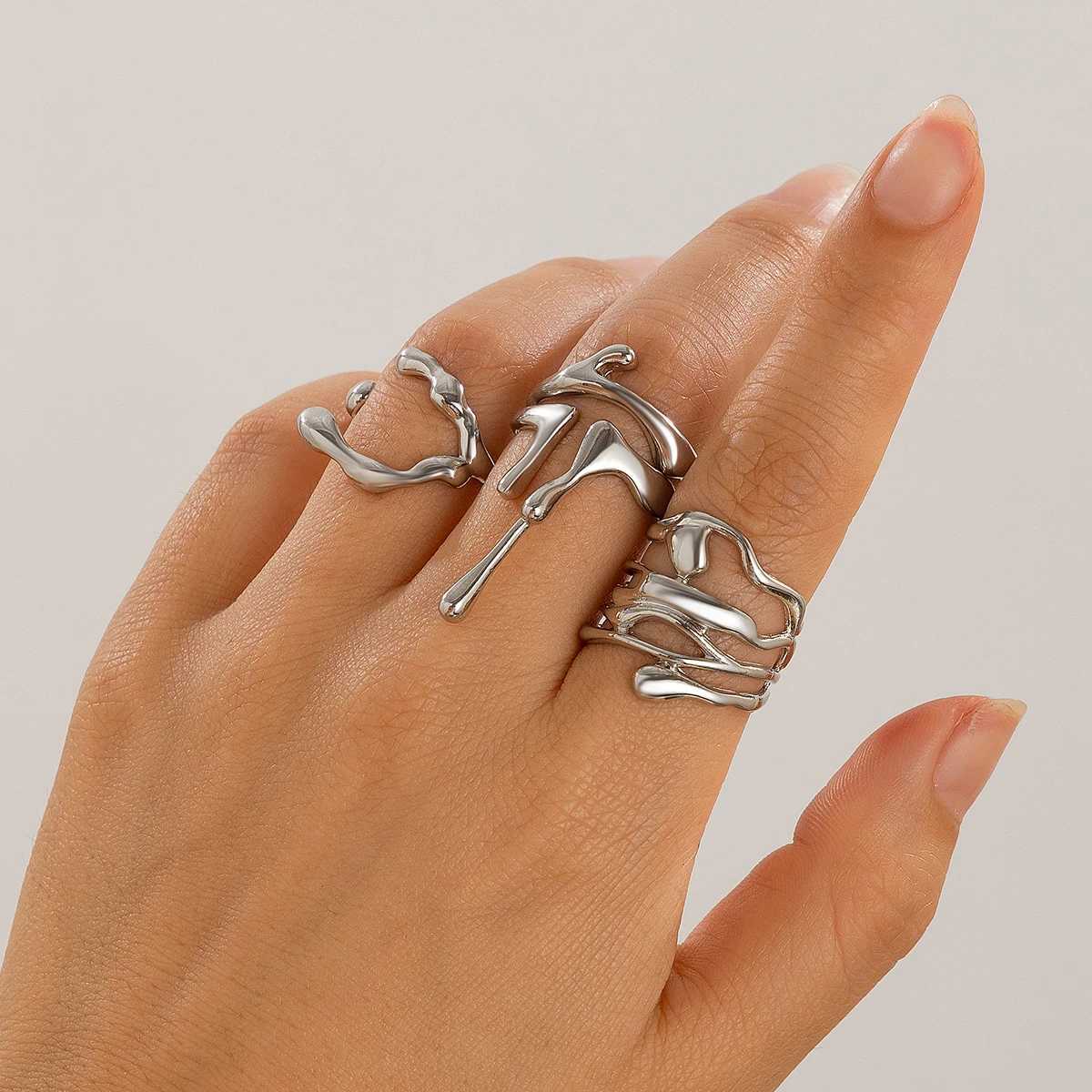Ingemark 4Pcs/Set Retro Irregar Lava Open Ring Suitable for Wenmen Gothic Gold Adjustable Couple Ring Y2K Wedding Jewelry Gift X241106