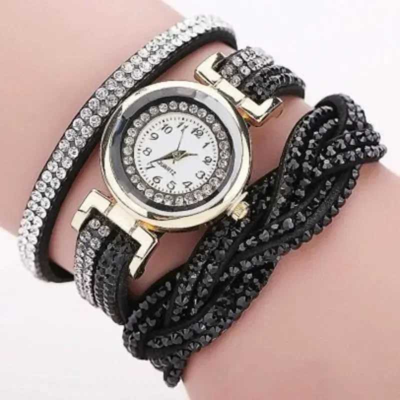 Leisure Gold Quartz Watch Warm Rhinestone Fashion Knitted Leather Bracelet Watch Gift Womens Watch Relogio Womens Gift X241106