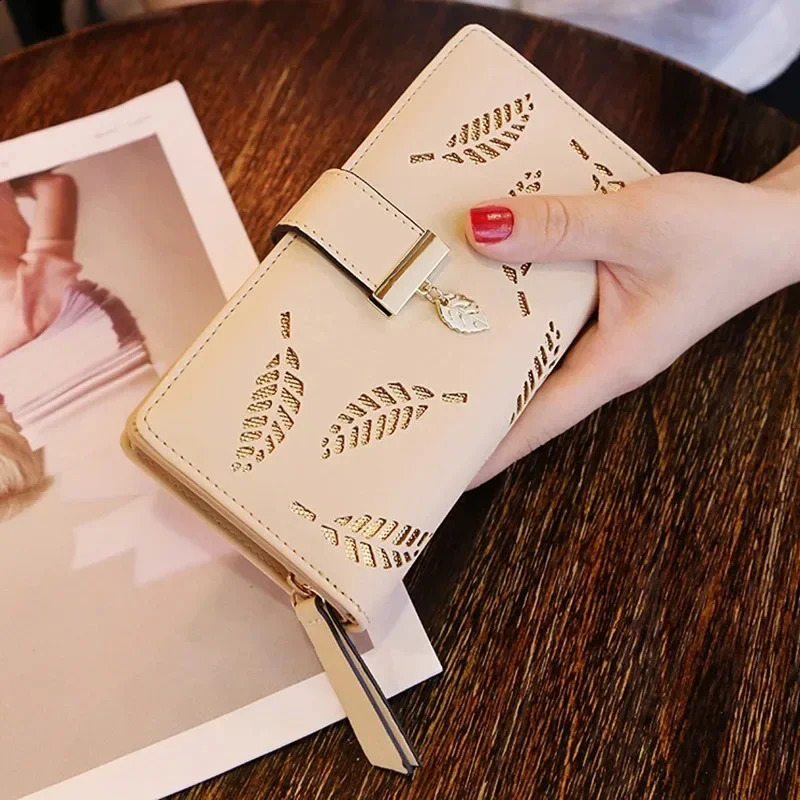 Women Wallet Hollow Leaves Pouch Handbag Fashion PU Leather Purse for Coin Card Holders Clutch 241029