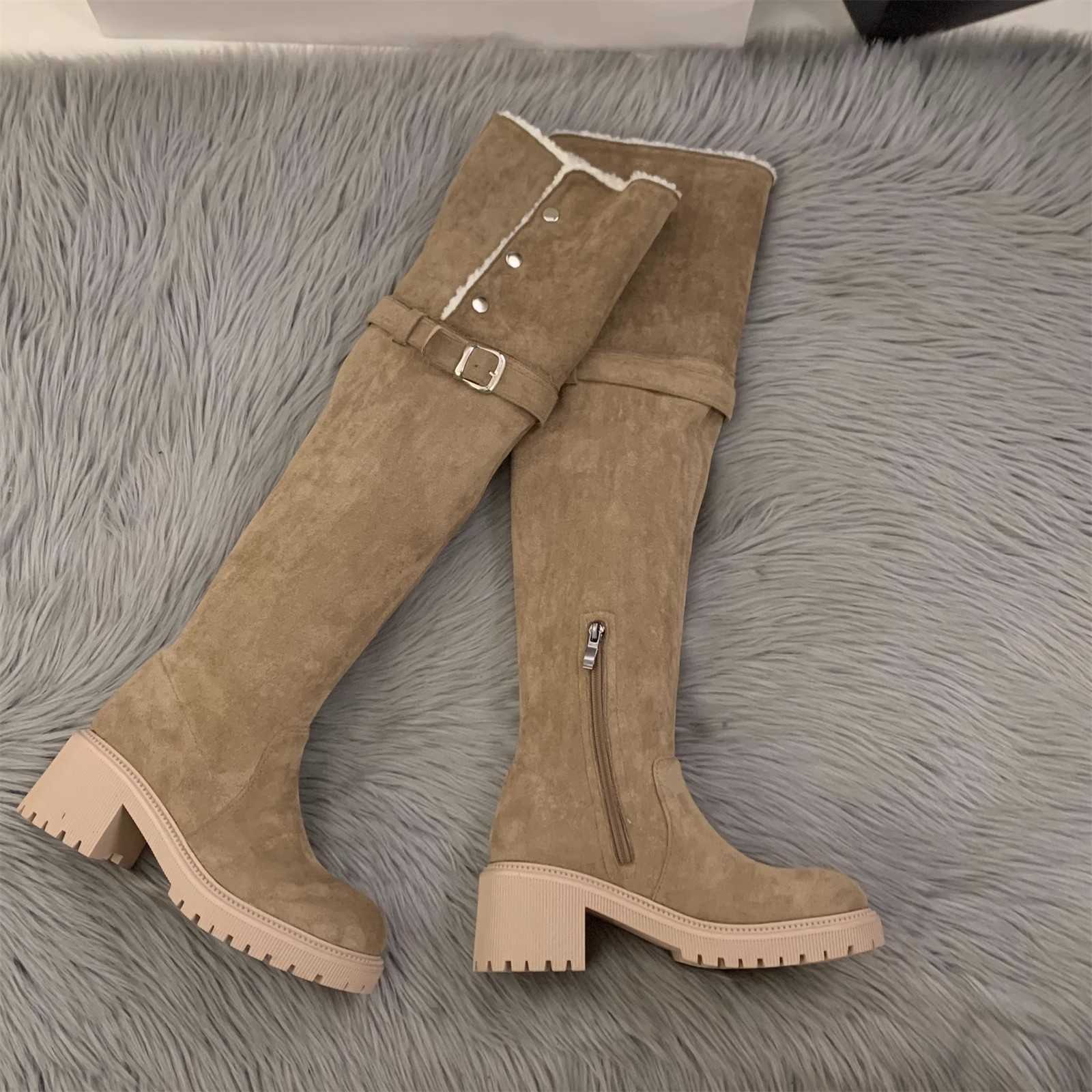 CMM High Heeled Knee High Boots Plush Cotton Boots for Women New Autumn and Winter Snow Boots Long Leg Knight Boots