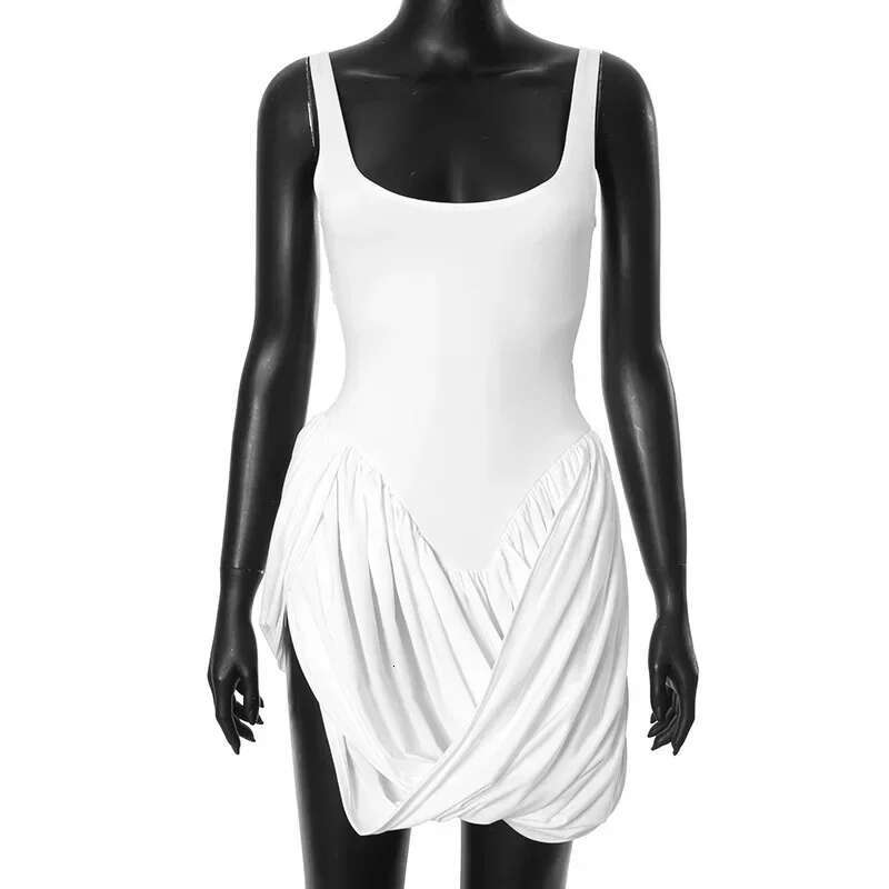 Talenza Mesh Patchwork Slit Women's New Solid Color Vest High Waist Sexy Smocked Sleeveless Slim Mini Dress