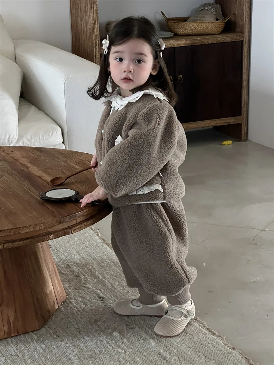 Winter Baby Fleece Warm Clothes Set Girls Cute Lace Cardigan Coat Pants Plus Velvet Thick 2pcs Suit Infant Outfits 241106