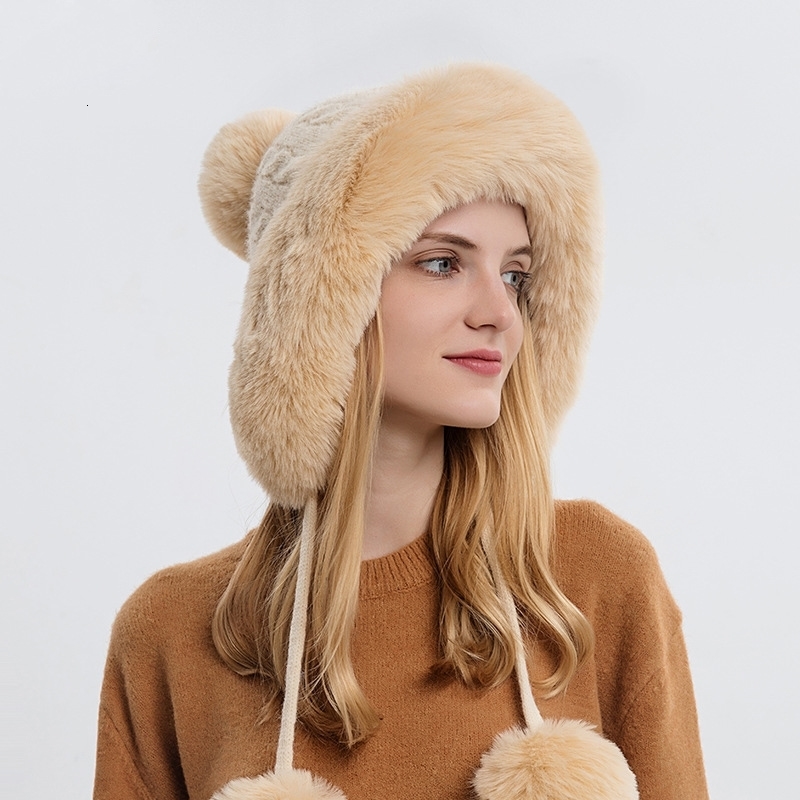 Knitted Hat Fluff Warm Thicken For Winter Women Cap Skiing Windproof Hats Cute Beanies Ladies Korean Gift 241105