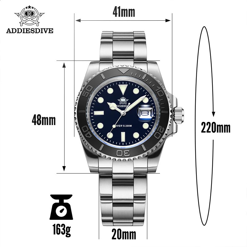 ADDIESDIVE Mens Simulated Quartz Watch BGW9 Luminous 20 Bar Waterproof Mens Diving Stainless Steel Mens Watch H3 241105CJ