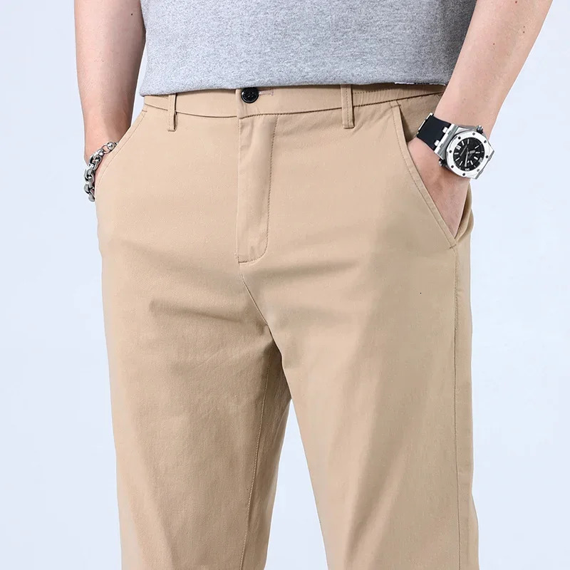 Casual Men Orange Loose Straight Business Pants Green Khaki Elastic Waist Trousers Soft Cotton Lyocell Fabric Korean Cargo Pants 241106