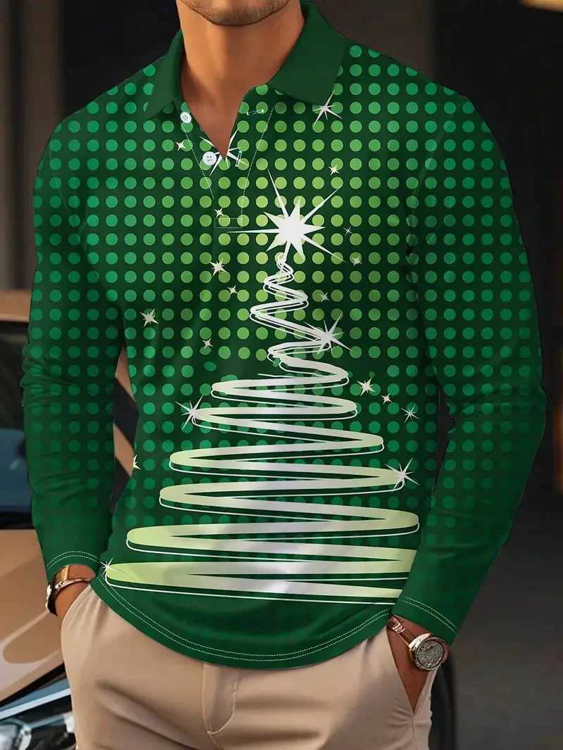 Full print Christmas graphic long Sve mens shirt casual super large city collar shirt mens T-shirt top W241106