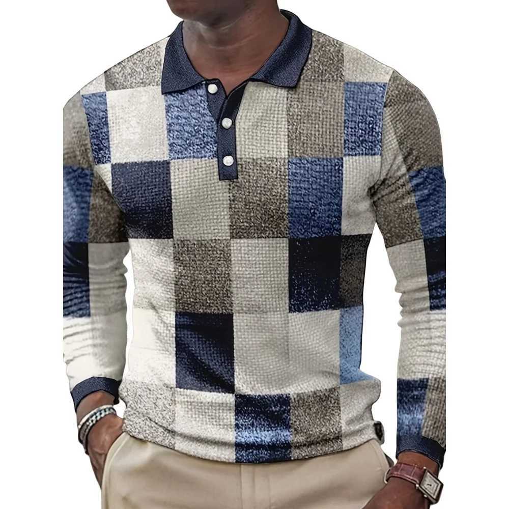 Mens plain weave retro printed Strt fashionable lapel long Sves top outdoor sports button mens T-shirt W241106