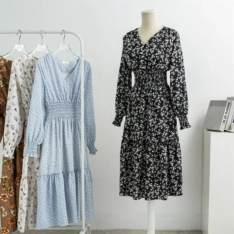 Spring Chiffon Dress Women Casual Dresse Vestidos Female Printed Floral Long Sleeve Vneck Aline Midi Dresses Plus Size M3XL 240329