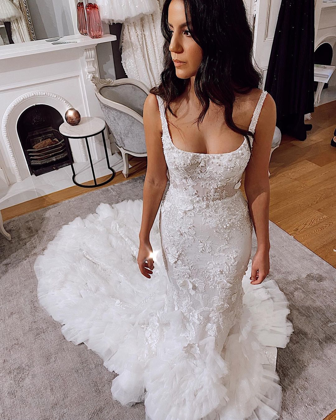 Arabic Mermaid Sexy Wedding Dresses Illusion Spaghetti Straps Lace Appliques Crystal Beads Pearls Open Back Ruffles Tiered Bridal Gowns Cathedral Trai