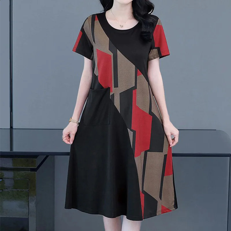Summer Elegant Fashion Retro Aesthetic Loose Chinese Style Womens Clothing Sweat Office Lady O Neck Pockets Dresses 240329
