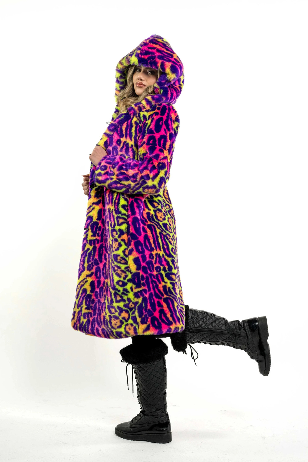 Womens Faux Fur Jacket Long Autumn And Winter Coat For Women In Neon Glitzy Leopard Print Hooded 241104