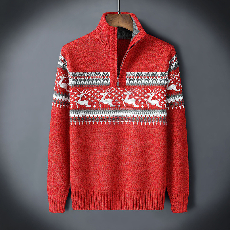 Men Autumn New Casual Jacquard Warm Half Zip Christmas Sweater Cardigan Jacket Men Winter Vintage Mock Neck Sweater Pullover Men 210930