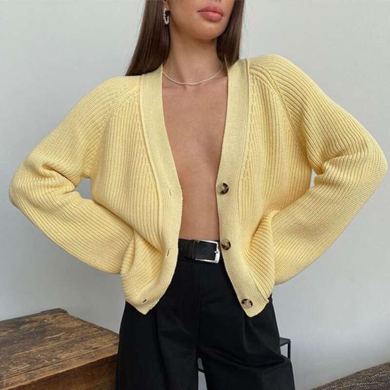 Talenza V-Neck Short Sweater Women's Solid Long Sleeve Button Casual Loose Commuting Knitted Cardigan Jacket