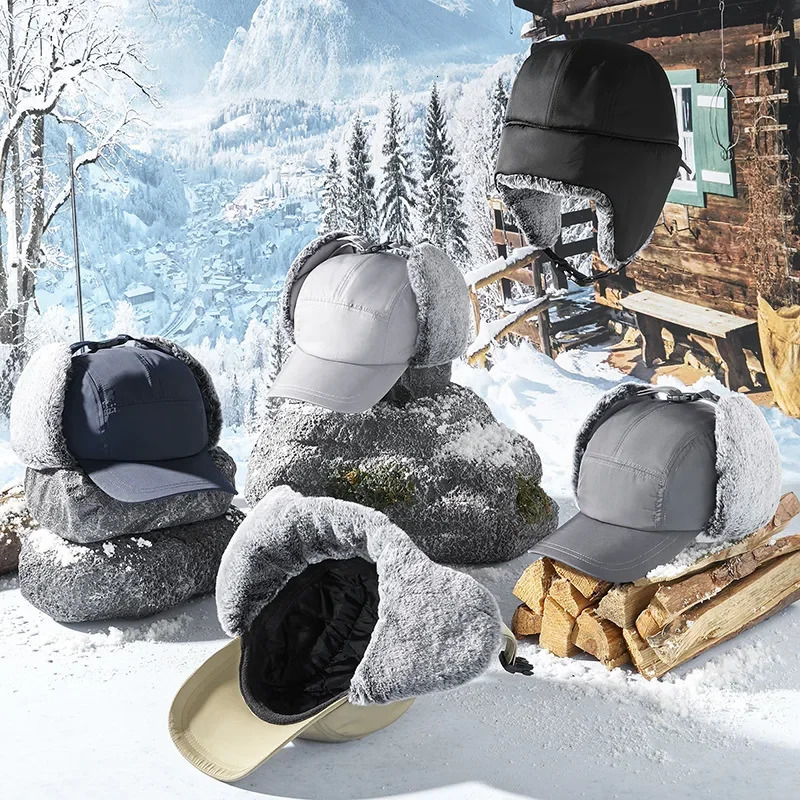 Mens Winter Hunter Pilot Cavalry Ear Hoods Warm Russian Waterproof Ski Hat Bomber Hat Warm Ear Hoods Large Baseball Hat 241106