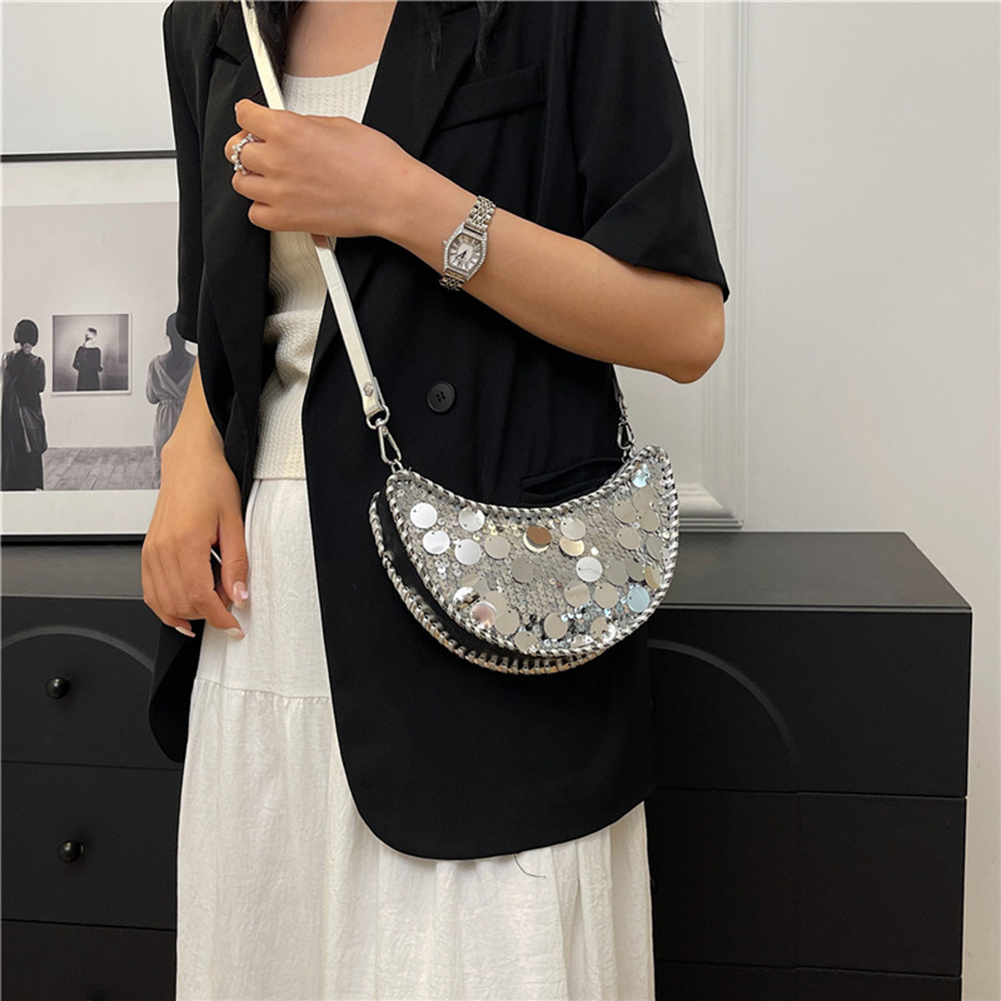 Glitter Sequin Crescent Bag Bling Fashion Handbag Sparkly Trendy Crossbody Bag PU Leather for Women Wedding Prom Cocktail Party