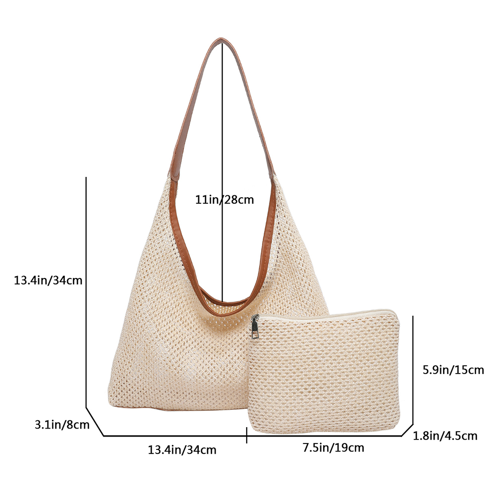 Women Straw Woven Tote Bag Fashion Woven Handbag Large Capacity Tote Clutch Bags with Small Pouch Solid Color Top-handle Handbag
