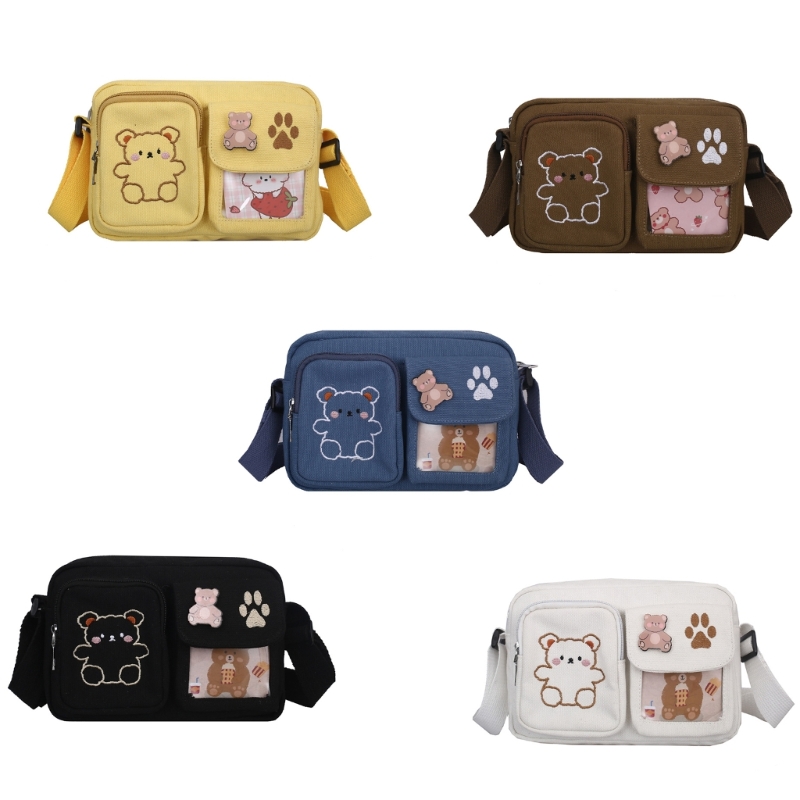 & Compact Canvas Shoulder Bag Bag with Bear Embroidery for Teens