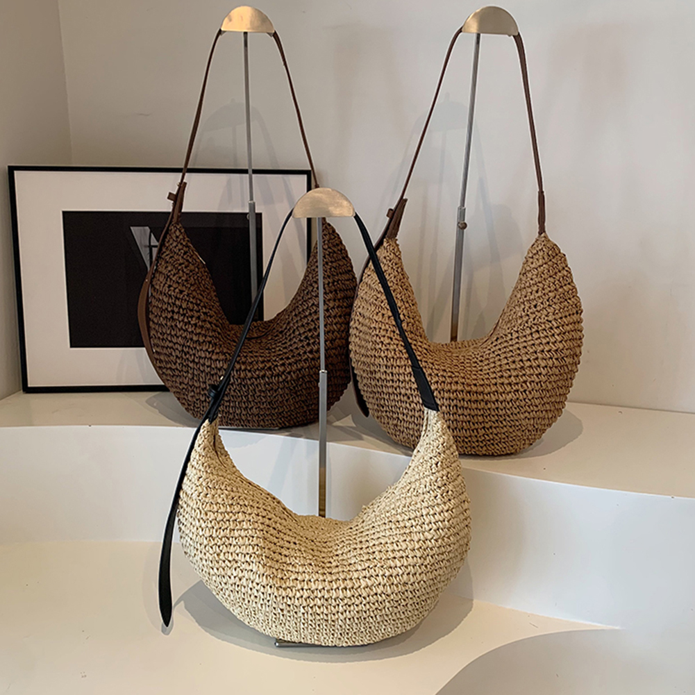 Women Straw Woven Half Moon Bag Handwoven Shoulder Bag Zipper Closure Weaving Shoulder Bag Adjustable Strap for Travel Shopping