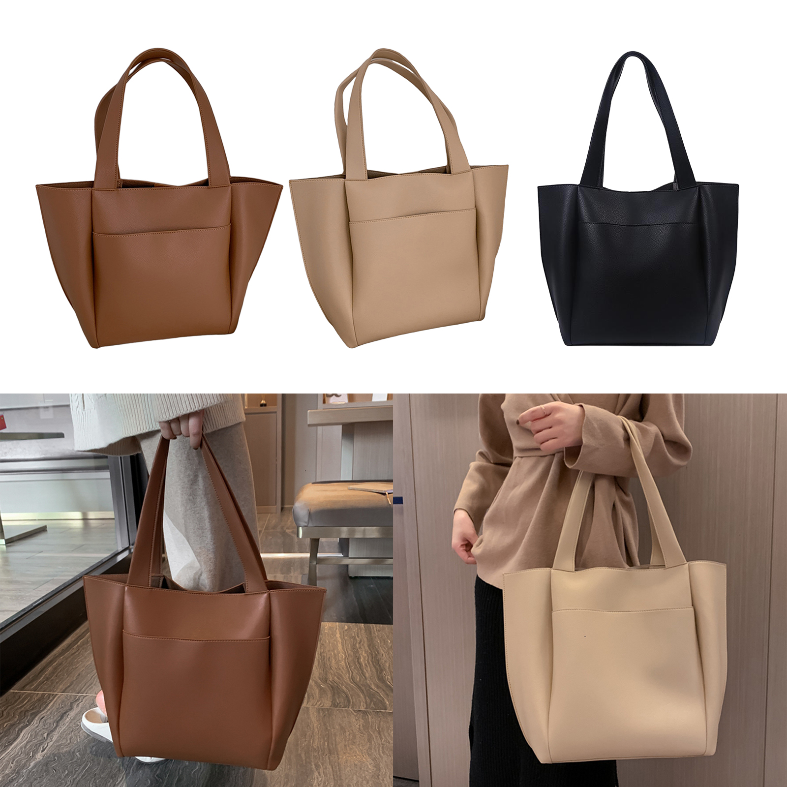 Womens Leather Handbag Large Capacity Top Handle Shoulder Bags Tote Black