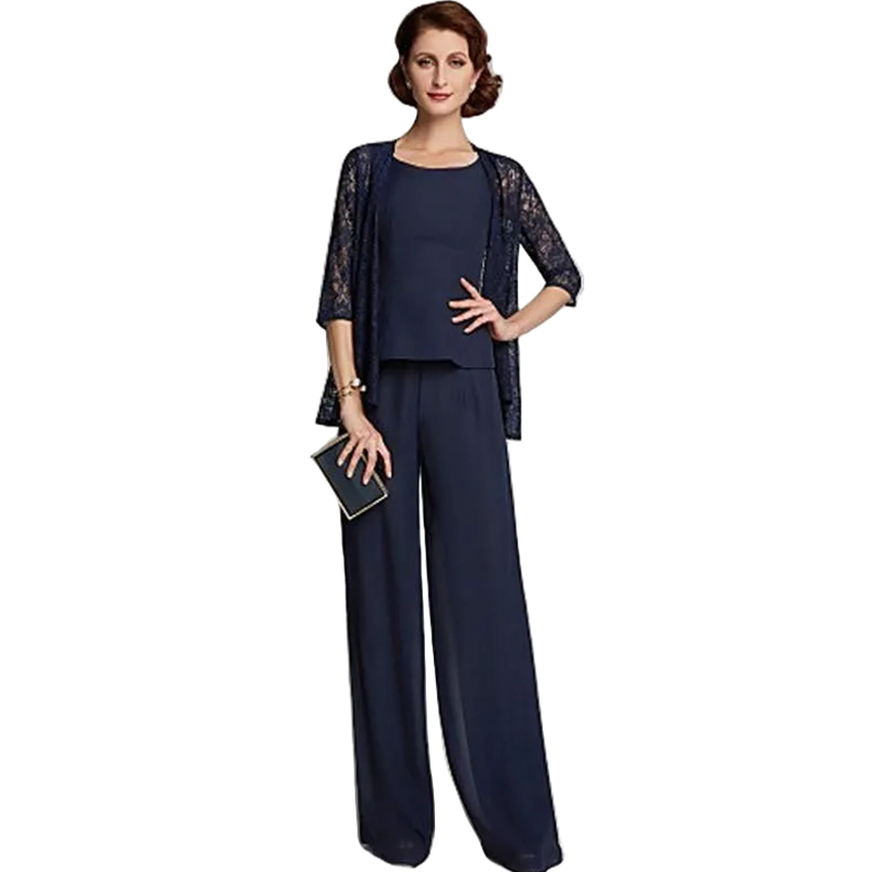 Elegant Mother Of The Bride Pant Suit for Wedding Party Dark Navy Chiffon Lace Jacket Woman Evening Gowns Groom Mom Formal Wear Prom Suits 2024
