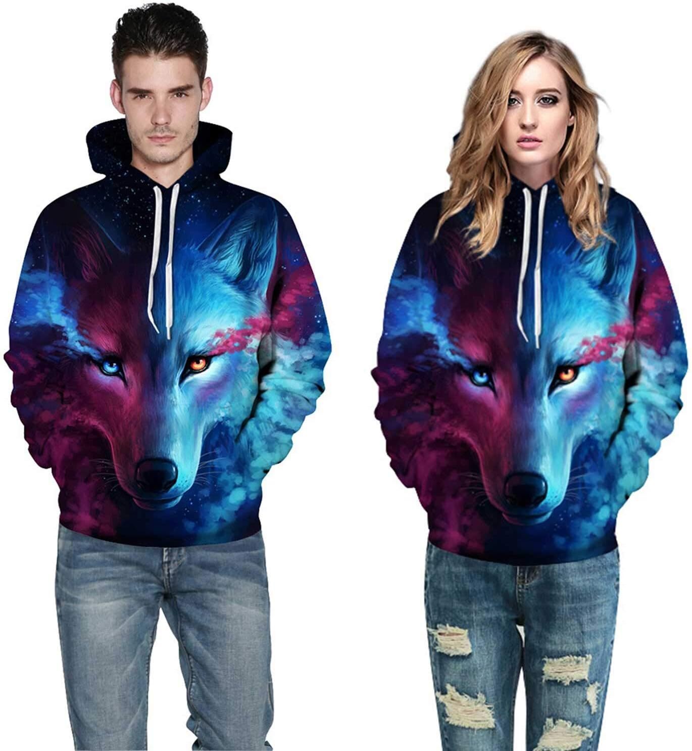 Hoodie for Mens Womens Unisex Novelty Hoodies 3D Print Graphic Hooded Pullover Sweatshirt Pocket Blue Red Graphic Cool Wolf