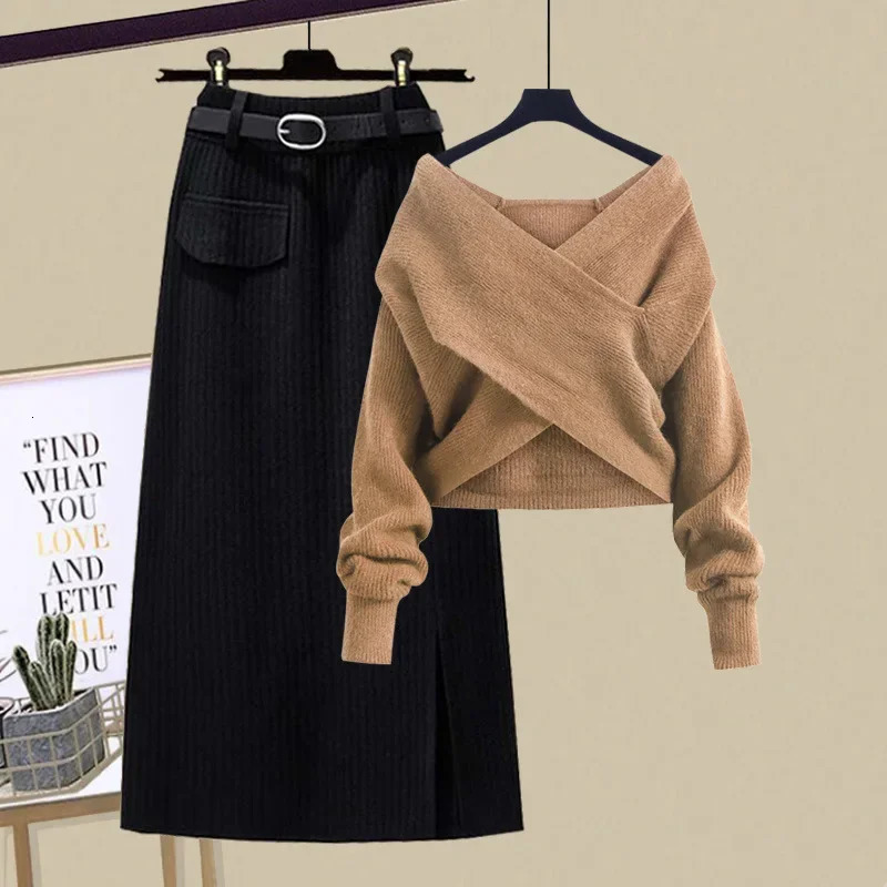 Plus Size Womens Winter Knitwear 2024 Style Age-Reducing Cross Top Sweater Slimming Skirt 2-Piece Set 241107