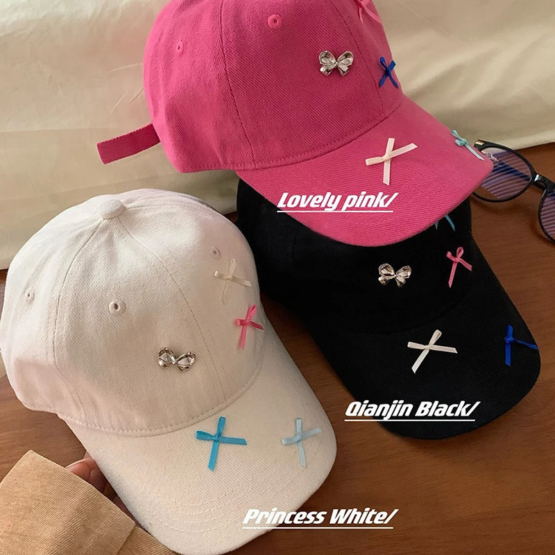 Korean Ins baseball cap womens Y2K girls colorful bow leather hat summer adjustable cotton sun hat womens dad hat 241107